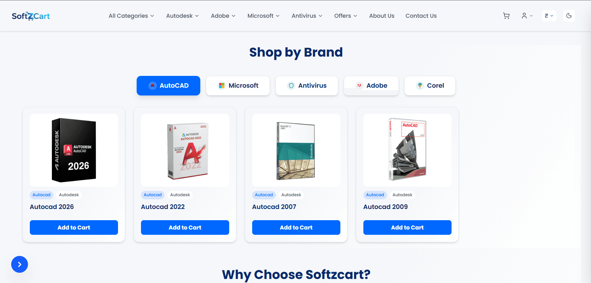 SoftzCart digital software e-commerce platform homepage screenshot