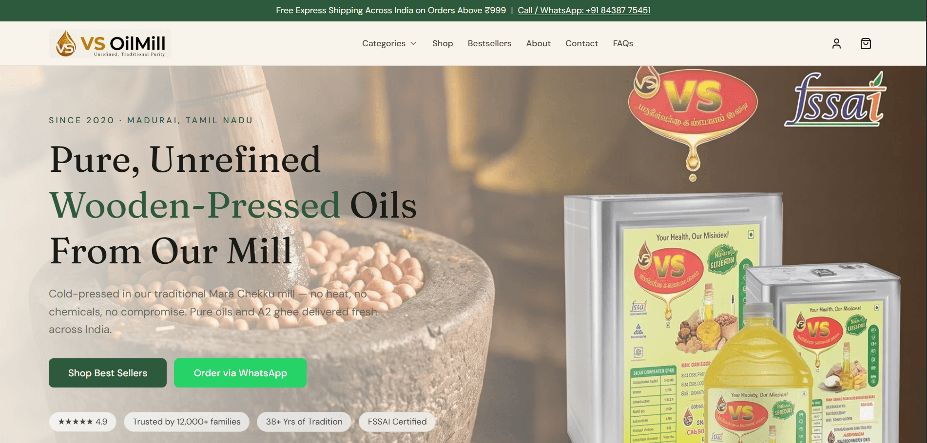 VS Oil Mill traditional wood pressed oil homepage screenshot